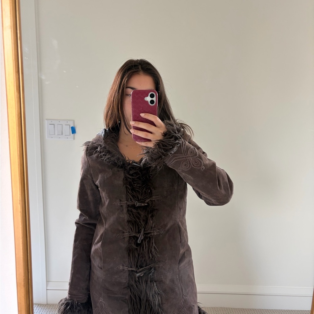 Vintage Brown Faux Fur Trim Coat